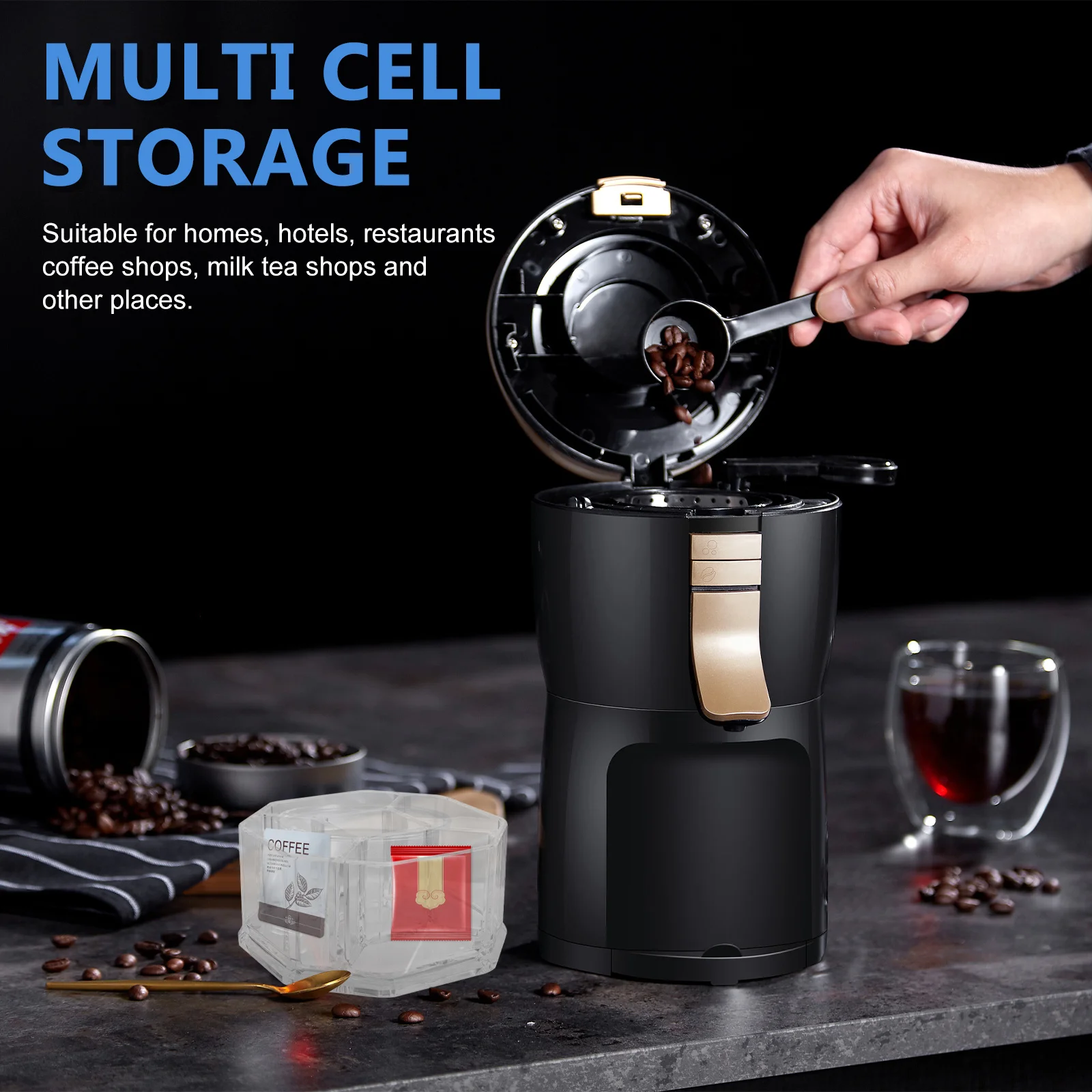 حامل كيس الشاي، 5 مقصورات، منظم شفاف للأشياء الصغيرة، صندوق تخزين حاوية أكياس السكر المنزلية