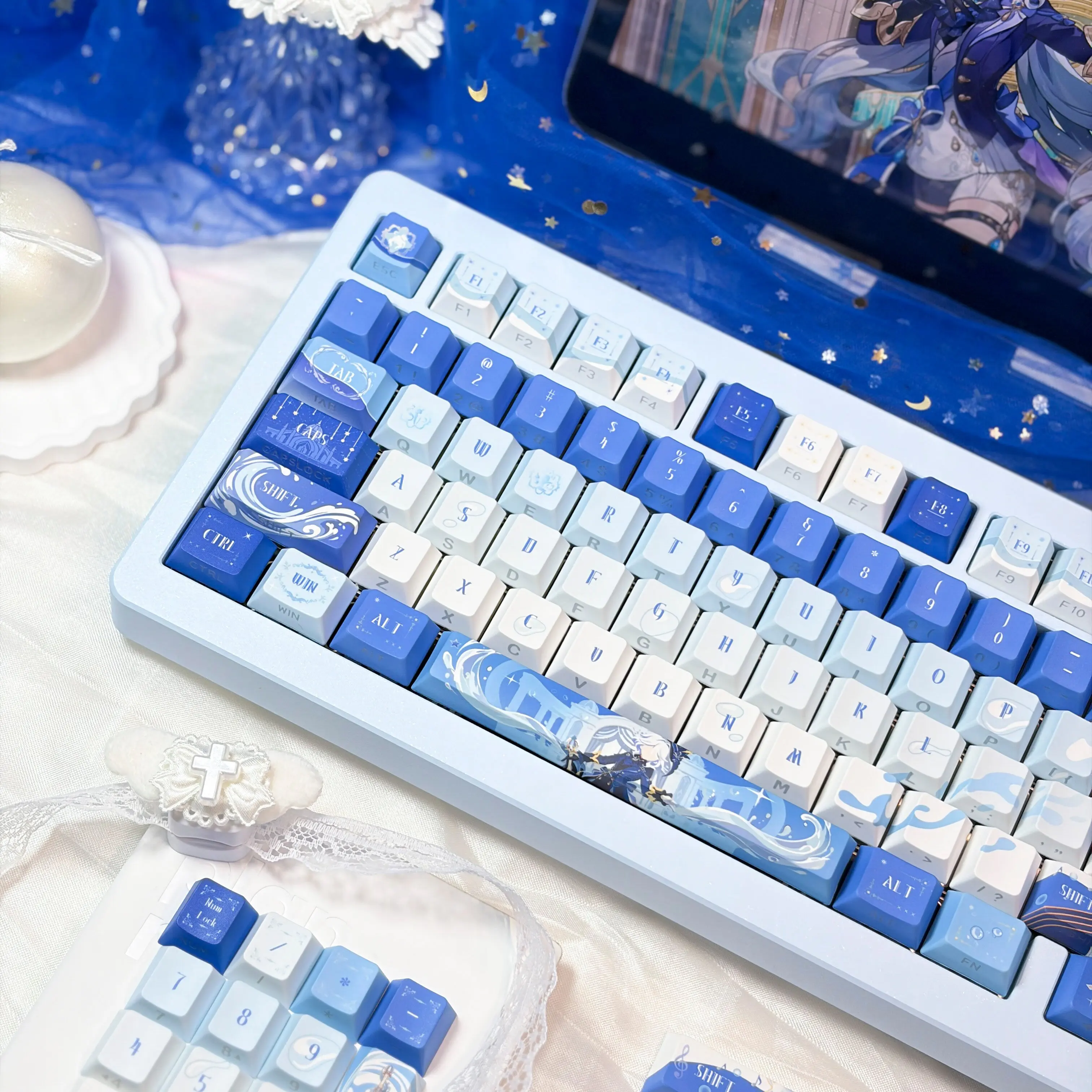 137 Keys Genshin Impact Keycaps  Furina Key Cap Anime Keycap  PBT DYE-Sub Cherry Profile for Made68 Mad68 Wooting 60