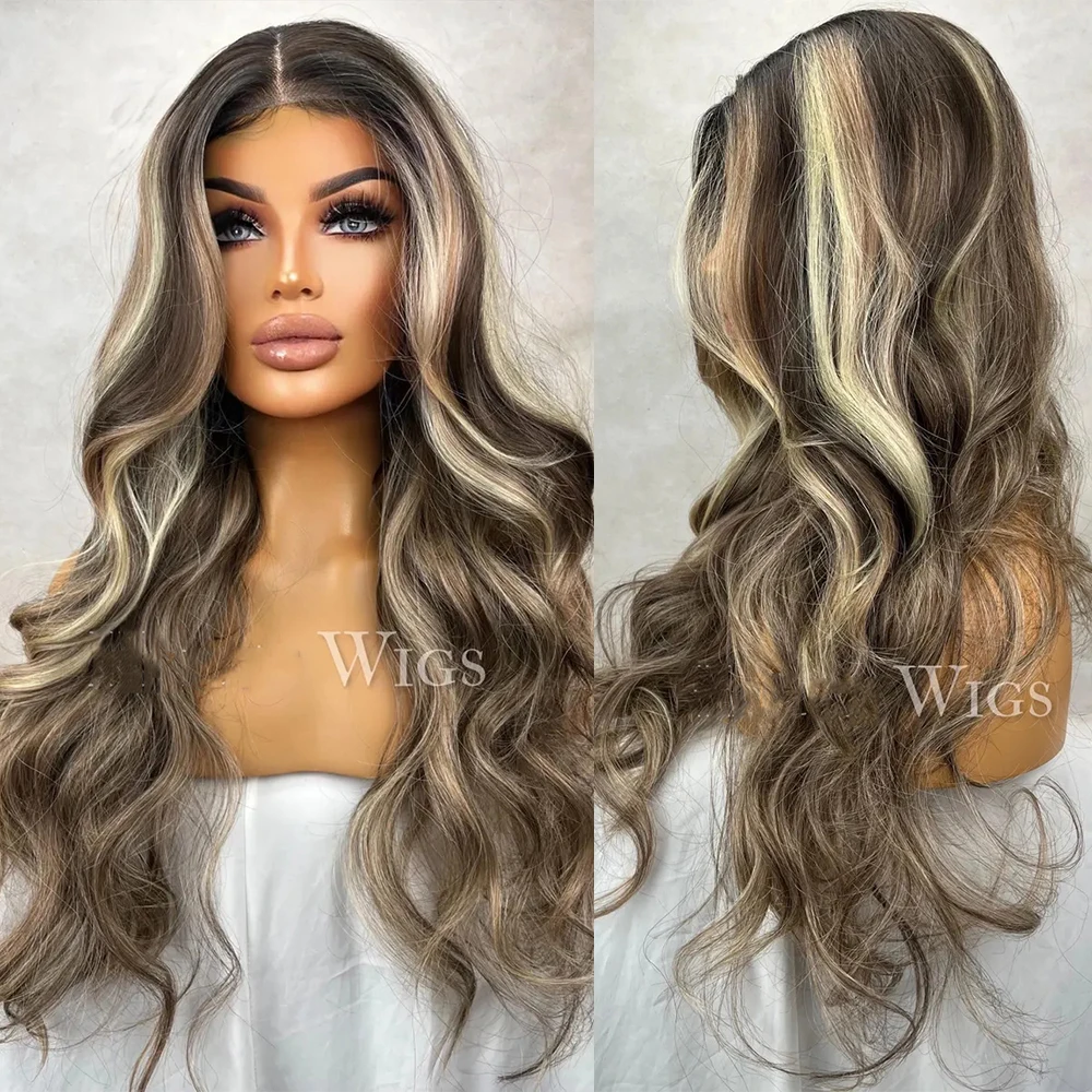 

Free Part Sassy Brunette Wig With blonde Highlights Lowlights Streaks Long Womens Wig Human Hair Blends Lace Front pre plucked