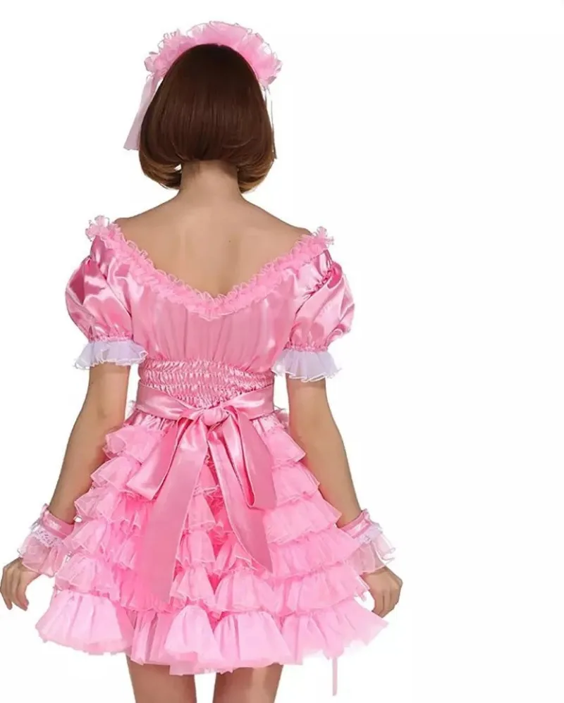 فستان خادمة فرنسية مثير من الساتان الوردي قابل للقفل من الدانتيل متعدد الطبقات بحافة مكشكشة زي تنكري للخادمة قابل للتخصيص #2