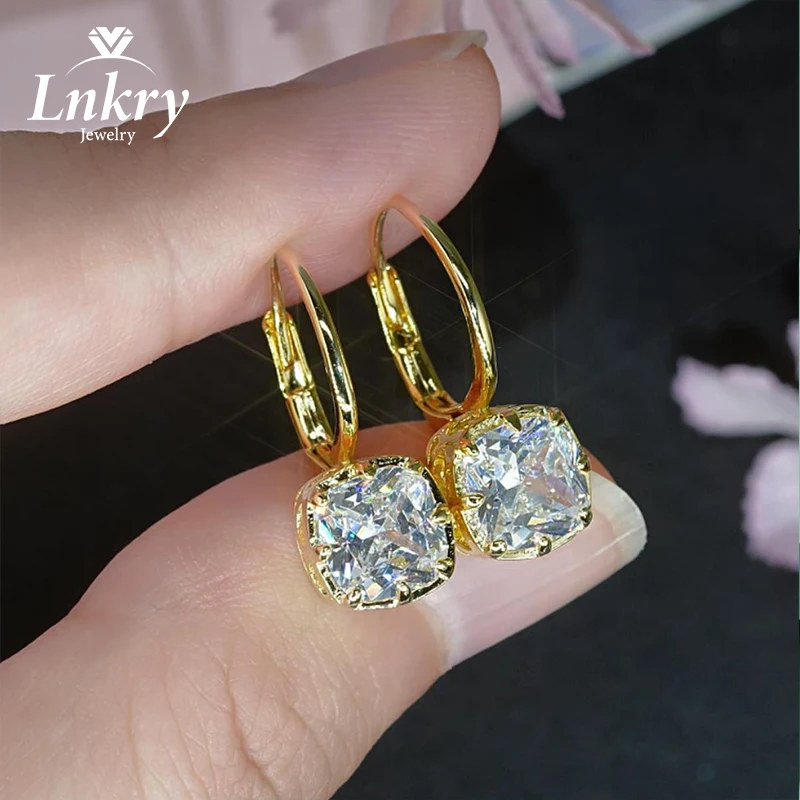 Lnkry 14K Gold Filled Leverback Huggie Earring Sparkling 7x7mm Square Cubic Zirconia Earrings For Women Daily Jewelry