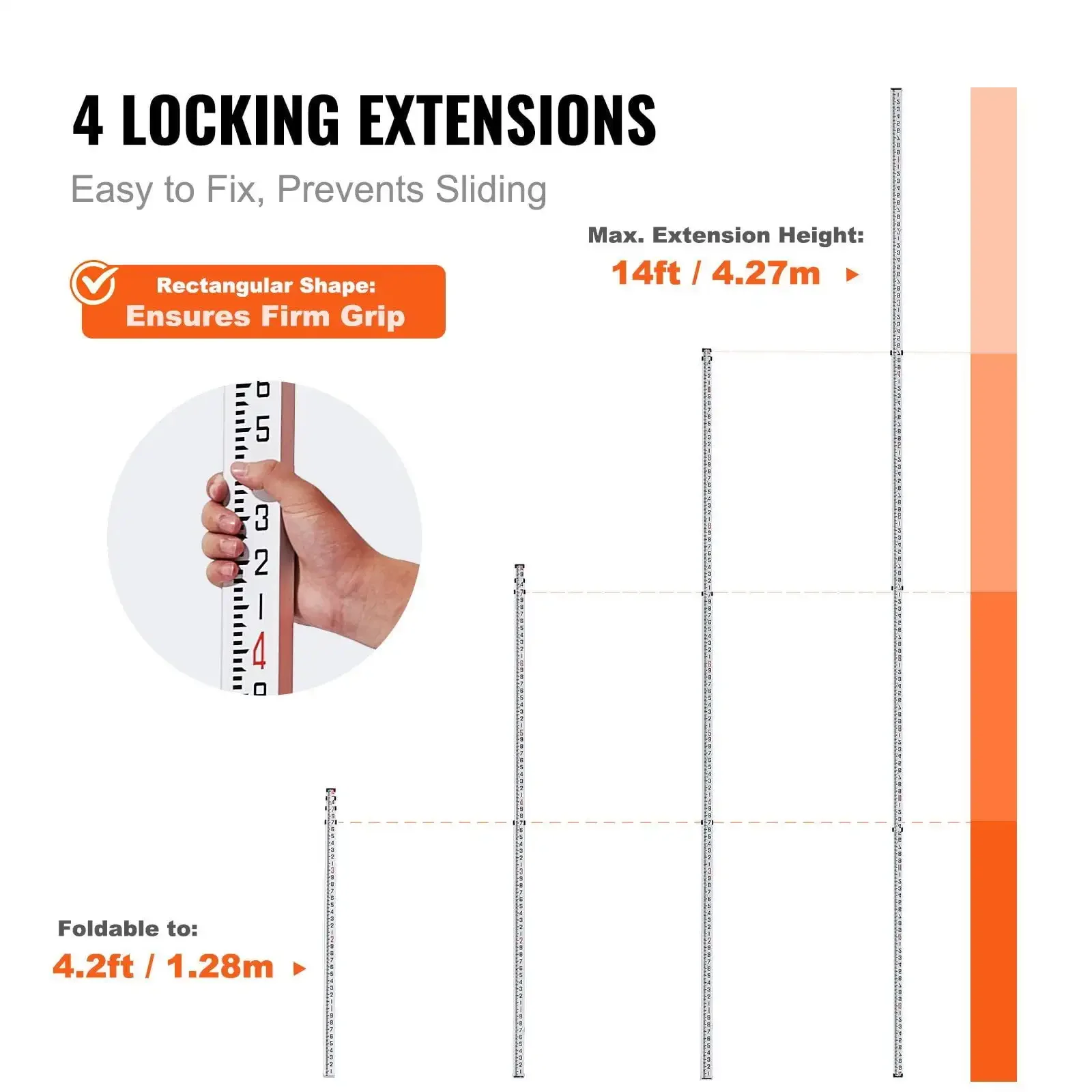 Aluminum Grade Rod, 14-Feet/10ths 6 Sections Telescopic Measuring Rod,Double-Sided Scale 1/10 ft Leveling Rod