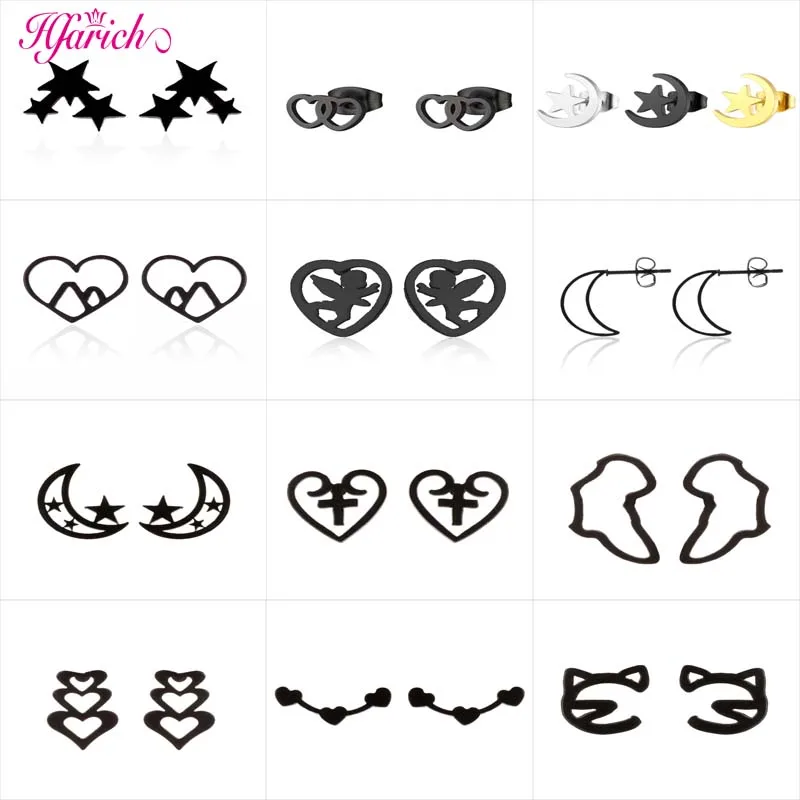 Stainless Steel Love Heart Earrings for Women Moon and Star Earrings Black Stud Earrings Jewelry New Arrival 2022 Trendy