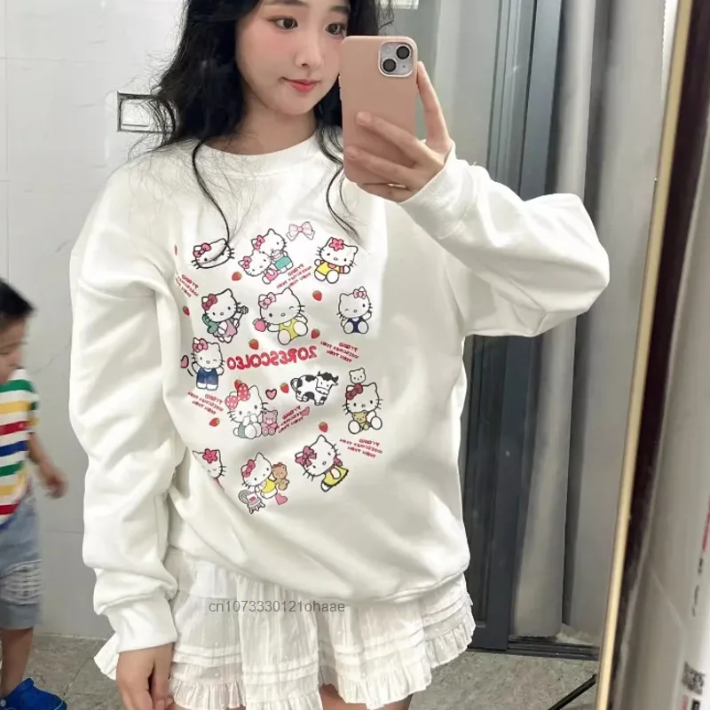 Sanrio Hello Kitty New Long Sleeve Top Shirts Cartoon Korean Style White Sweatshirts Women Cute Round Neck Pullovers Y2k Clothes