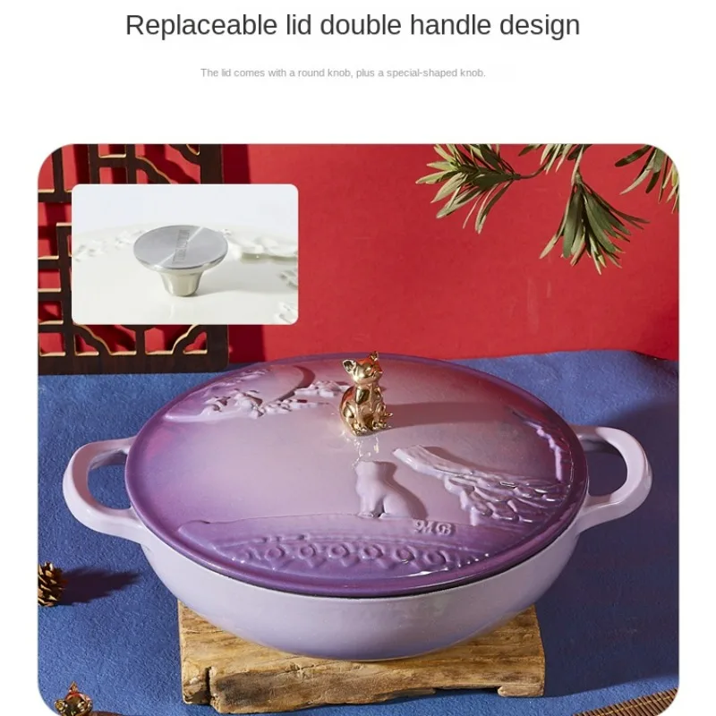 Enamelled Cast Iron Casseroles, Cat Handle Design Cast Iron Stew Pots, Chinese Style Clay Pot for Cooking ,Uncoated Frying Pans