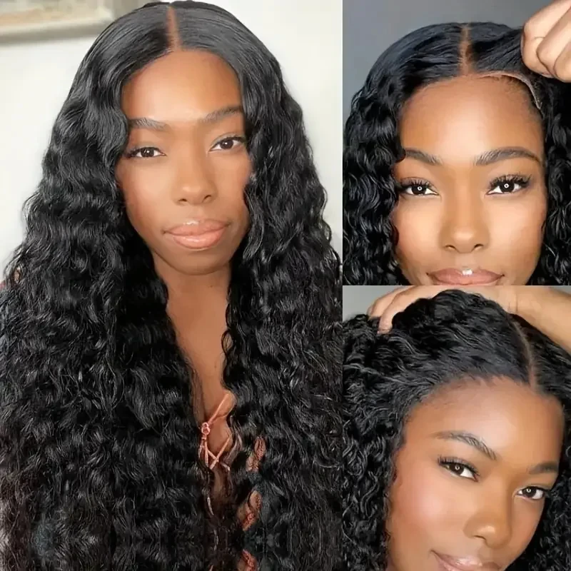 

5x5 Glueless Wig Human Hair Natural Color Brazilian Curly Deep Water Wave Lace Closure Wigs Pre Cut Ready to Wear 200% Density