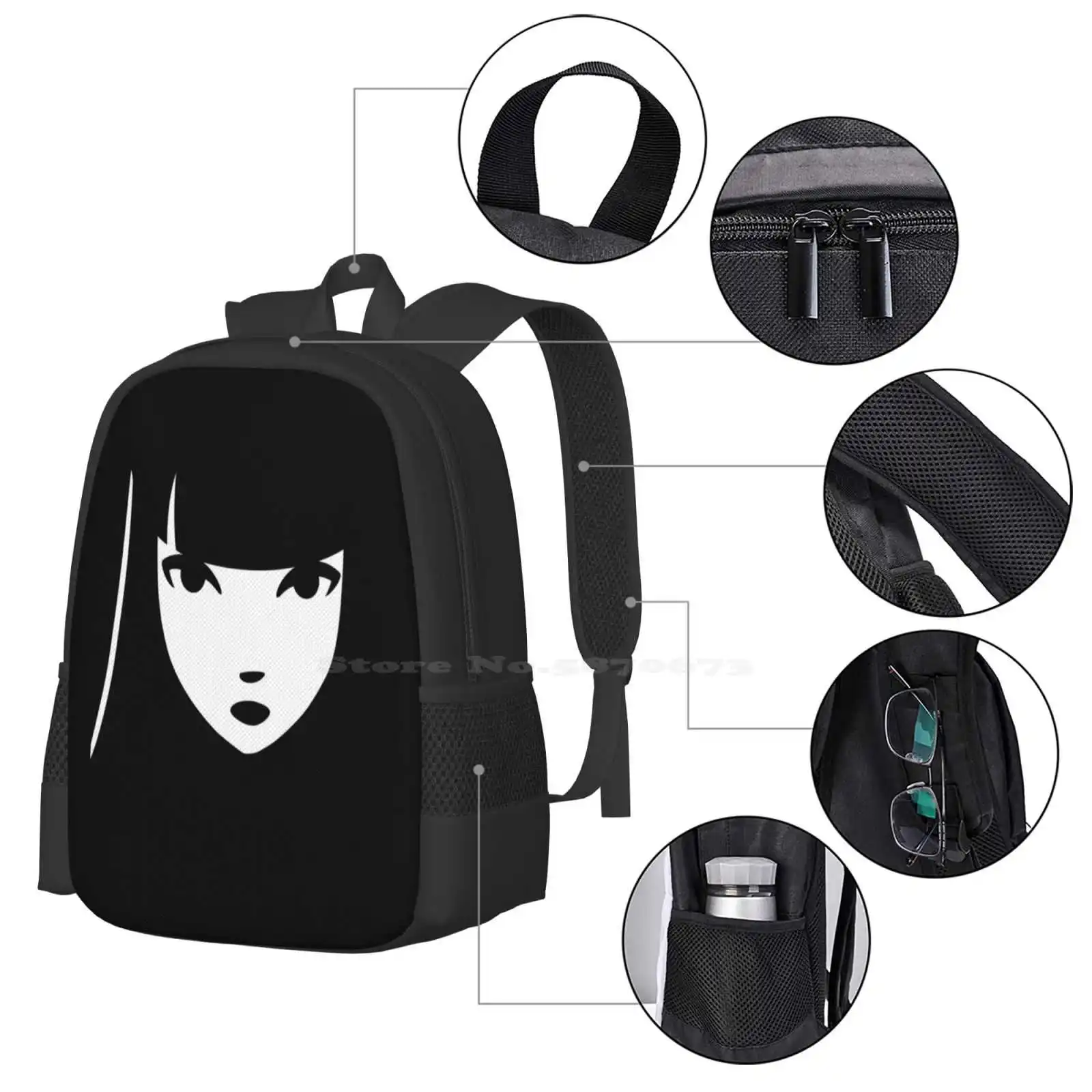 Emily The Strange : Emily\'S Face Pattern Design Laptop Travel School Bags Emily The Strange Gothic Black Emily And The