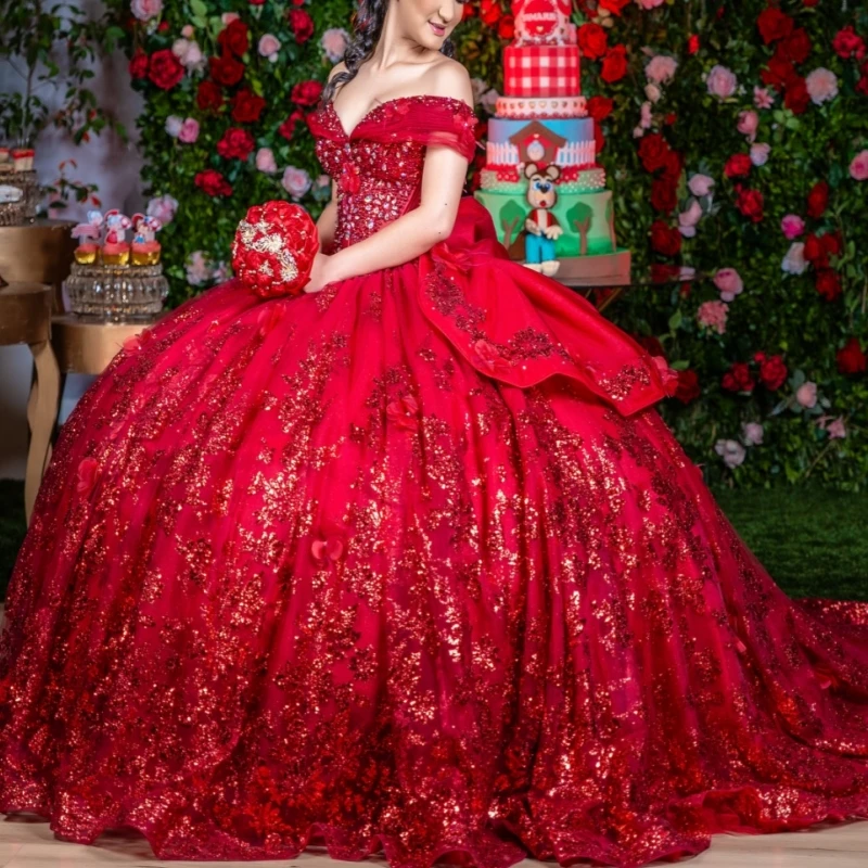 

Red Shiny Quinceanera Dresses Off The Shoulder Sequin Applique Lace Beading Crystal Bow Tull Corset Party Birthday Sweet 16