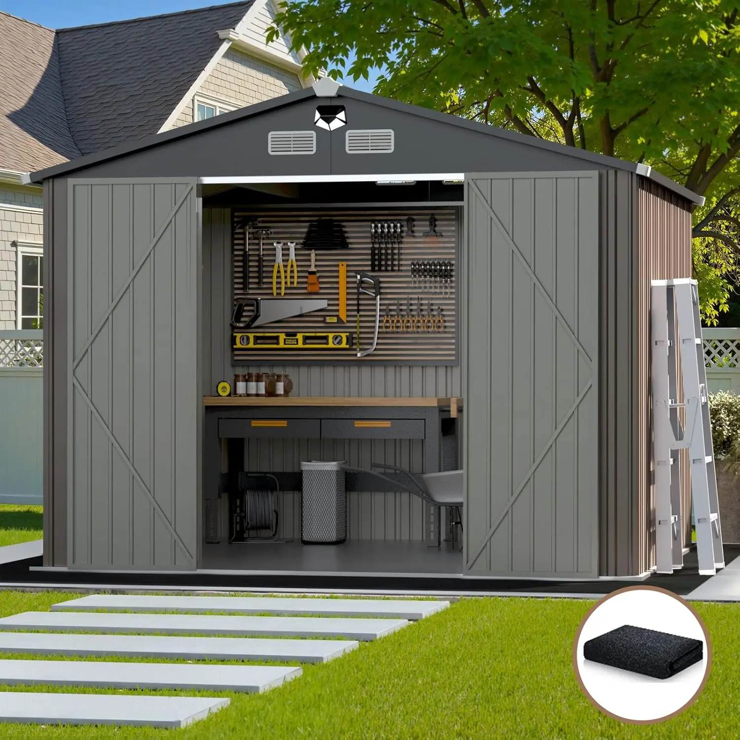 10x12 foot outdoor storage shed, waterproof with lockable doors and ventilation vents, backyard external storage shed