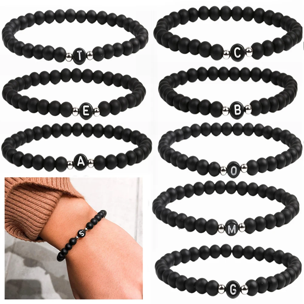 Black White Stone 26 Letters Bracelet Handmade DIY for Women Men Couple Jewelry Friendship Lucky Bead Elastic Bracelet Kids Gift