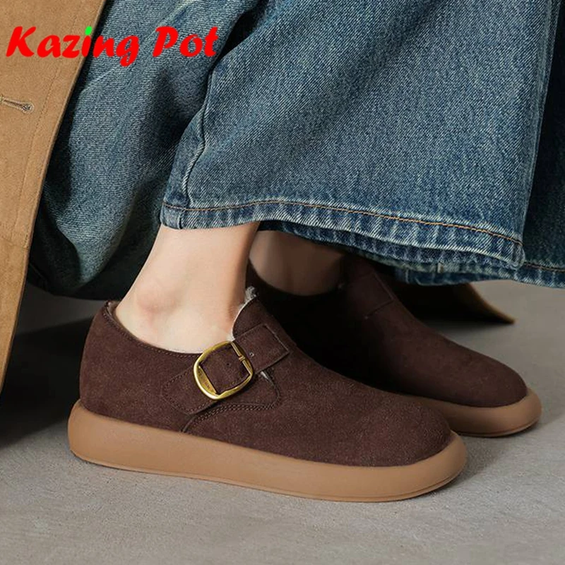 Krazing Pot Flock Low Heels Shoes Round Toe Modern Snow Boots Flat Platform Brown Color Keep Warm Plush Women Winter Cozy Flats