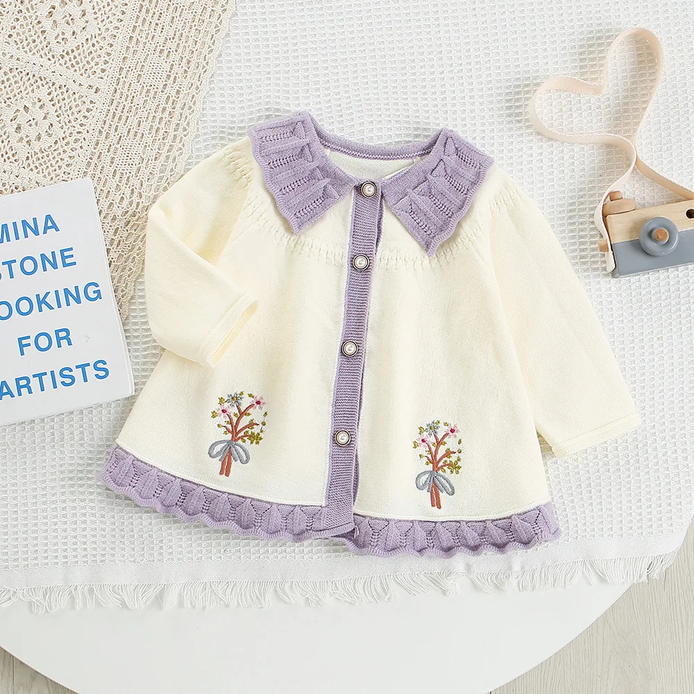 

2025 Autumn New Girls Knit Cardigan Jacket Cute Flowers Embroidery Contrast Color Kids Sweater Coat Childrens Casual Tops