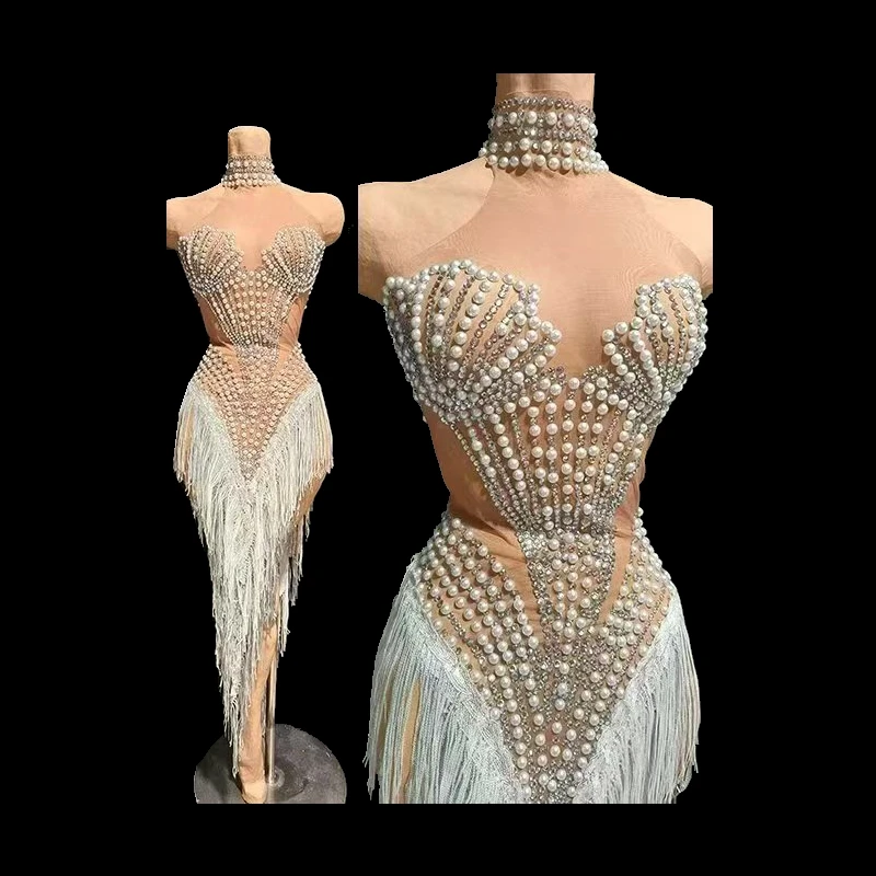 

Sparkly Rhinestones Pearls Sequins Tassels Birthday Celebrate Dress Women Sexy Transparent Performance Dance Costume Stage Wear