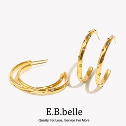 E.B.belle Stainless Steel 18K Gold Plated Clear Colorful Zircon Stone Paved Thin Large Hoop Earring For Woman Summer Earring