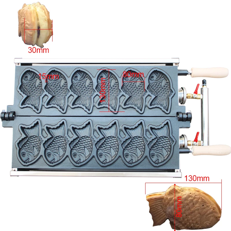 Commercial 6 pcs LPG gas taiyaki machine fish shape waffle maker machine nostick taiyaki maker waffle cake oven