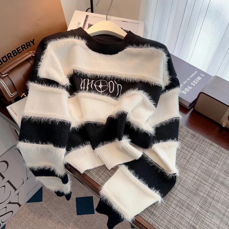 Stripe Green Cashmere Jacket Women's Clothing Knitting Sweater Round Neck Pullover Vintage Fashion Autumn Letter Printing Tops