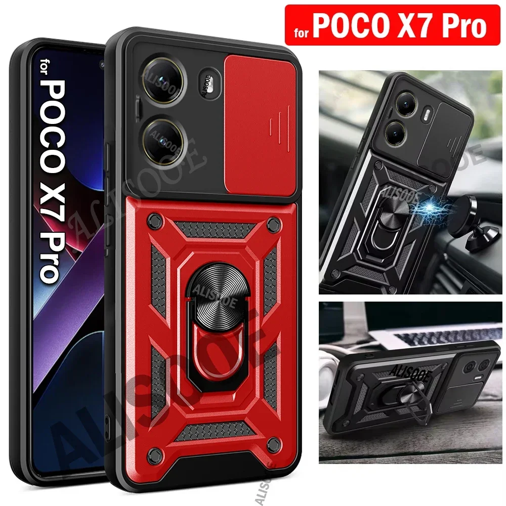 Capa For POCO X7 Pro 5G Case Armor Slide Camera Lens Protection Back Cover for Xiaomi POCO X7 Pro Ring Stand Shockproof Funda