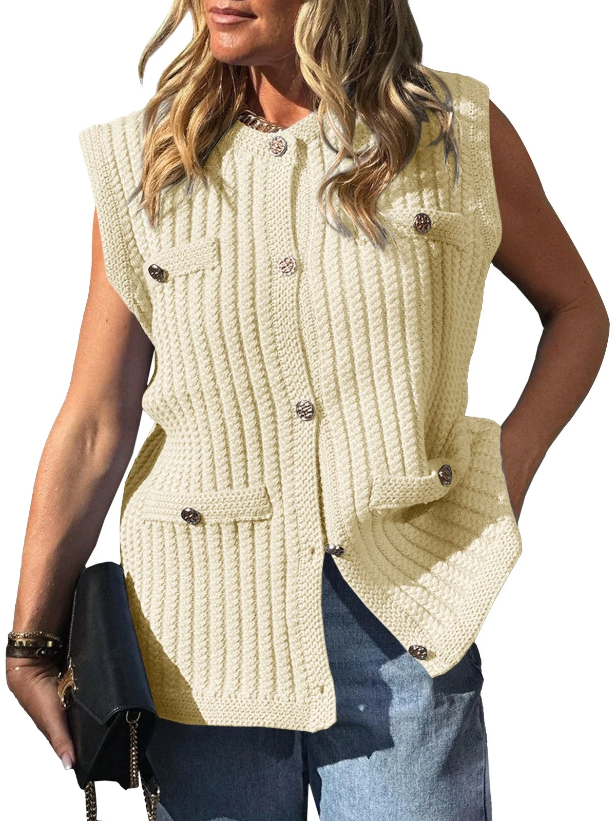 Sleeveless Cardigan Women Solid Color Crew Neck Outerwears Single Breasted Sweaters Fashion Office Lady Elegant Knitted Tops