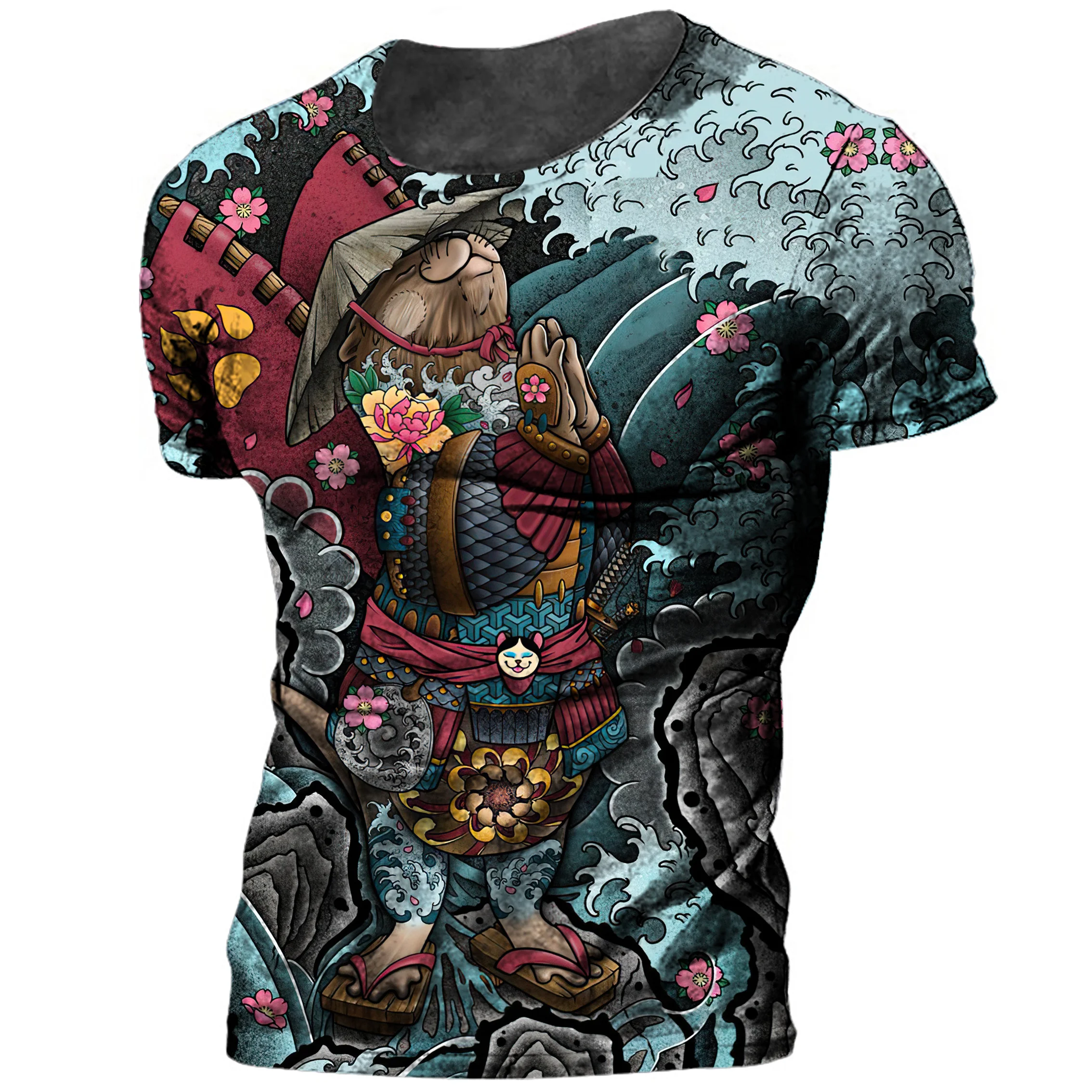 Japan Samurai Print Men\'s T Shirt Summer O-neck Oversized Tees Casual Short Sleeved Pullover Tops 2022 New Punk Cool Streetwear