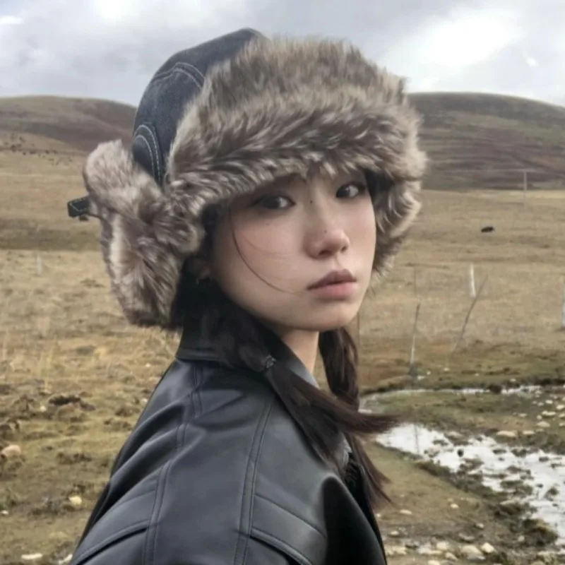 Women Vintage Y2K Trapper Hat, Thick Cotton Lined Earflap Hat, Windproof Warm Winter Headwear for Outdoor Cycling （only Hat）