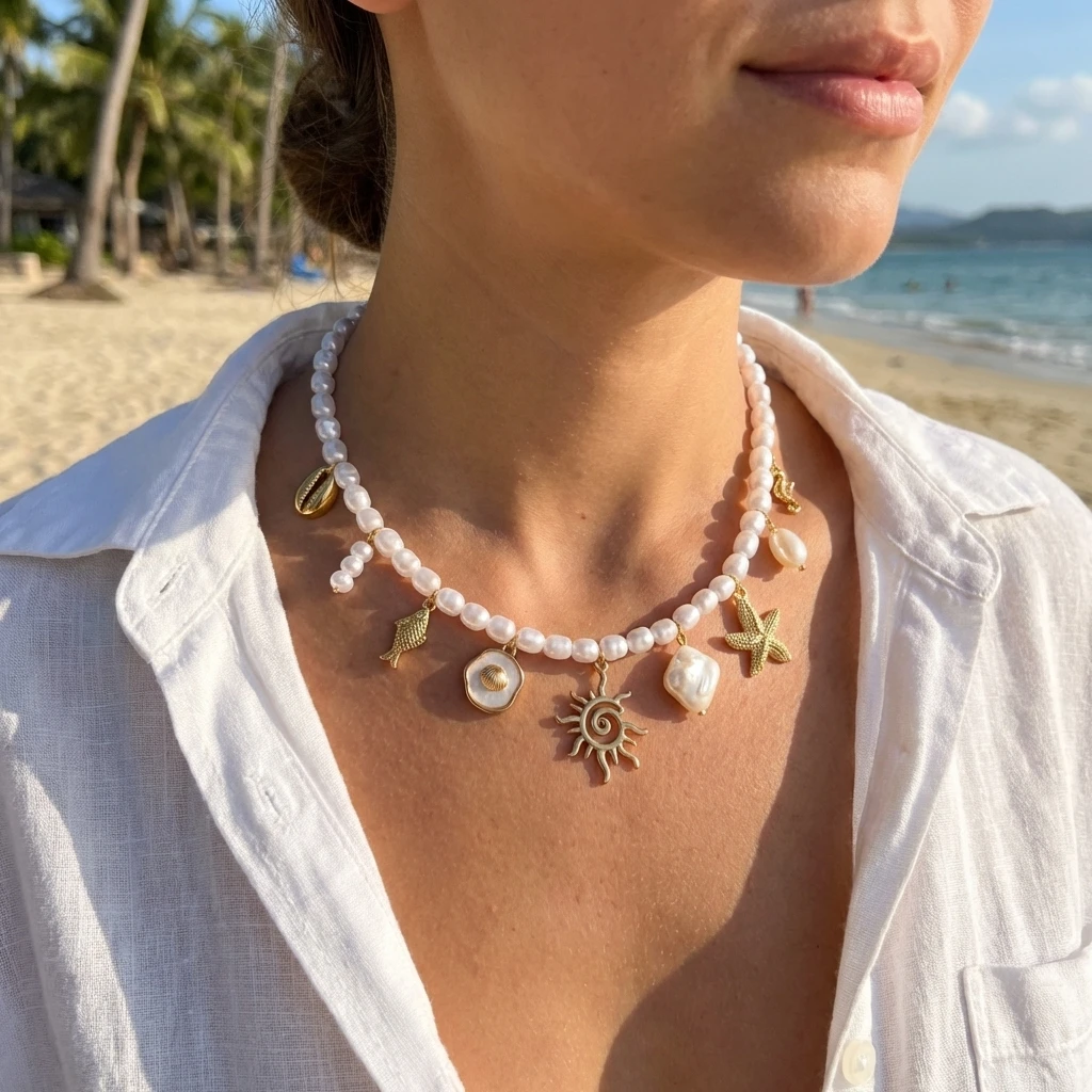 Böhmische Imitationsperlen-Halskette für Frauen, Ozean-Serie mit Muschel-, Seestern- und Schneckenanhänger, Strandparty-Schmuck – Detail 2