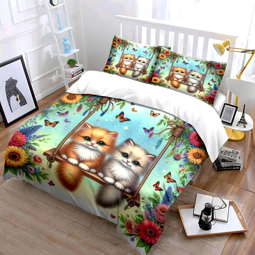 Two cats on a swing amidst flowers Duvet Cover Set with 3D Printing Design Soft Polyester Bedding Set All-Season Comfort