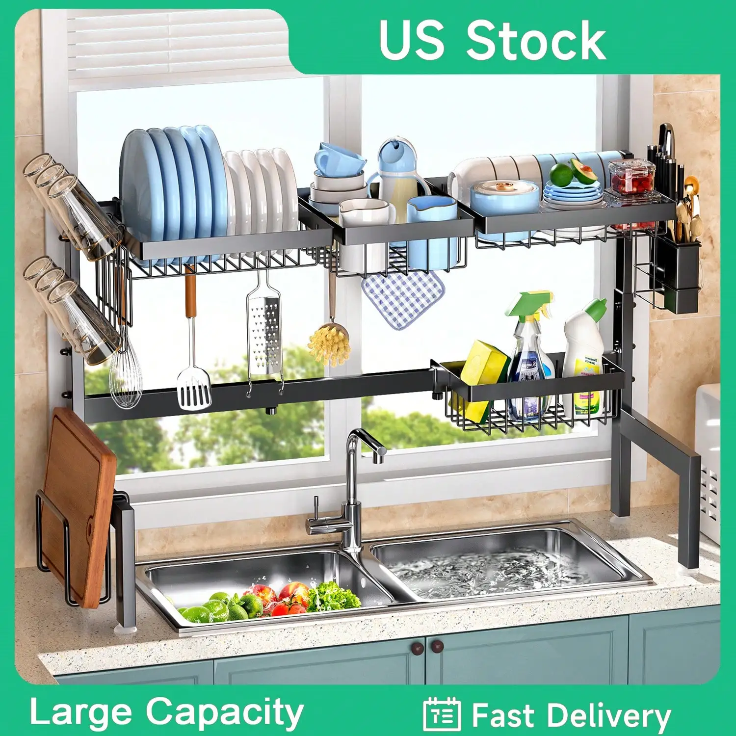 

2-Tier Over The Sink Dish Drying Rack, Kitchen Large Dish Drying Rack Over The Sink, Large Dish Rack For Kitchen Sink Organizer
