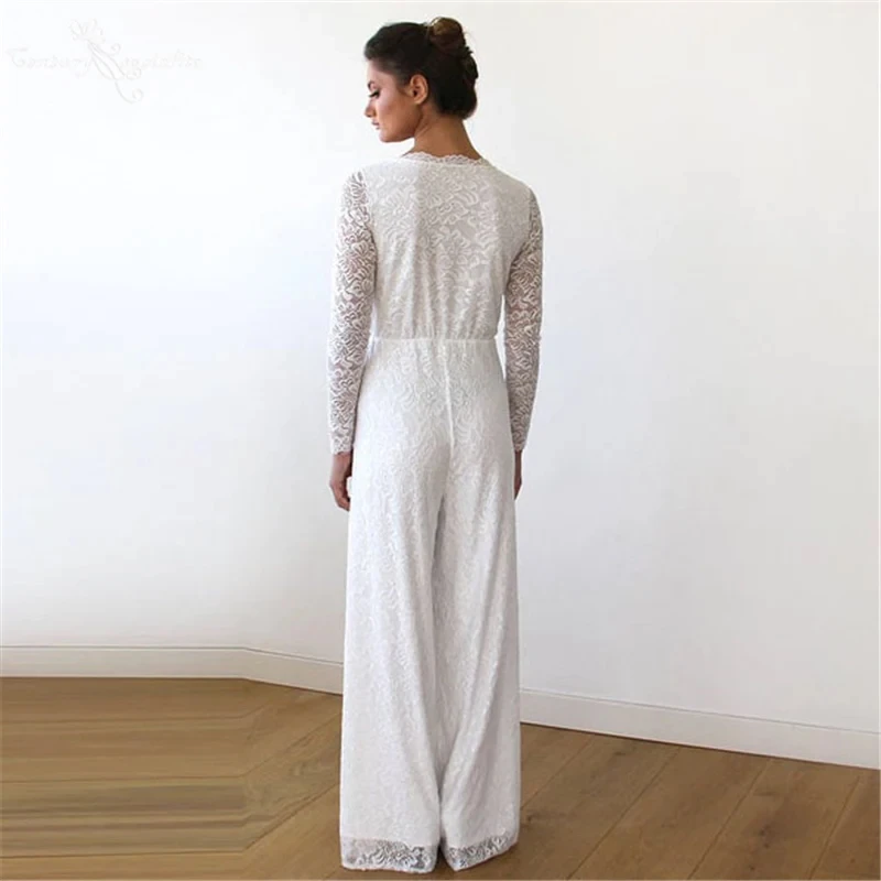 Lange Mouwen Bruiloft Jumpsuit Trouwjurken Schede V-Hals Kanten Boho Trouwjurk Bruids Jumpsuit Vestidos De Novia