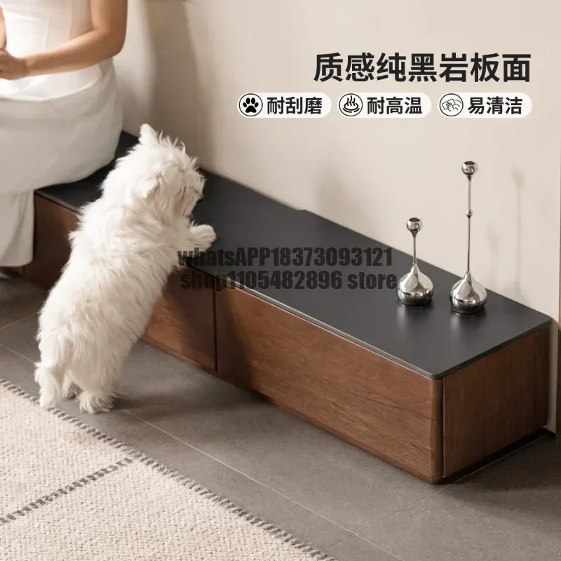 Solid wood TV cabinet, minimalist walnut color floor-standing storage sintered stone panel spliced floor cabinet
