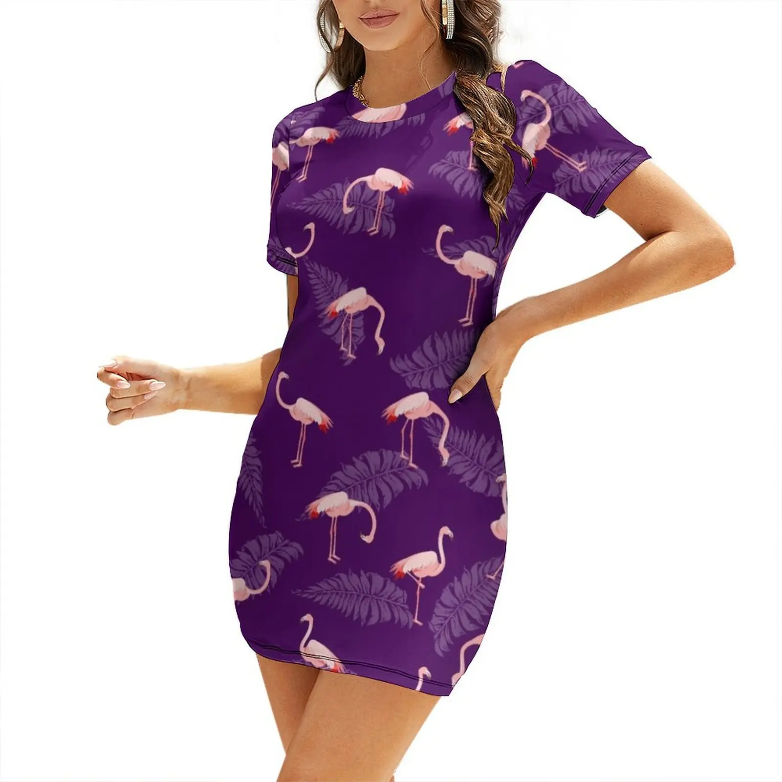 

Pink Flamingo pattern Short Sleeved Dress womens clothing dress dresses luxury dresses