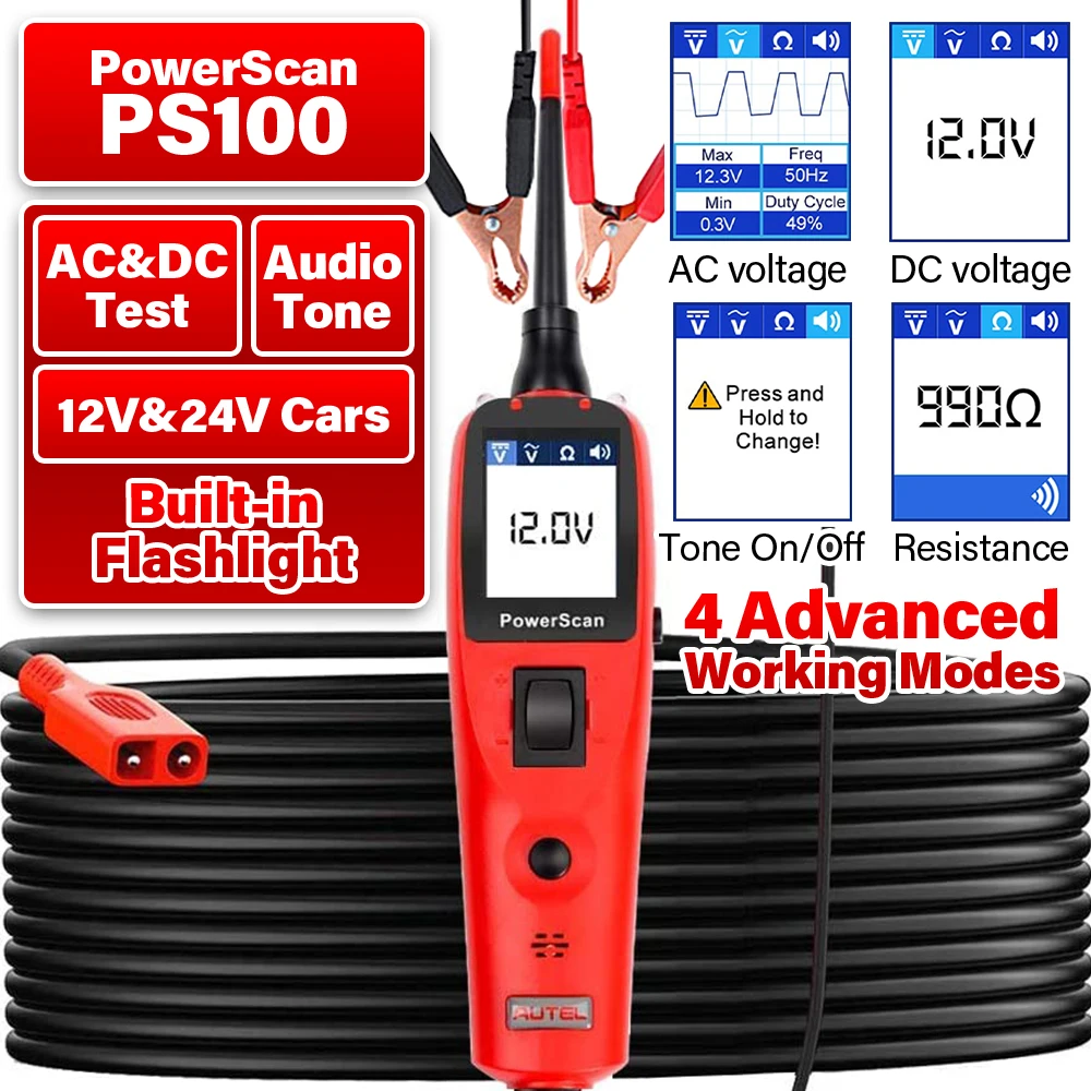 Autel PowerScan PS100 Automotive Circuit Tester Universal 12V 24V Power Circuit Probe Tool Build-In Flashlight