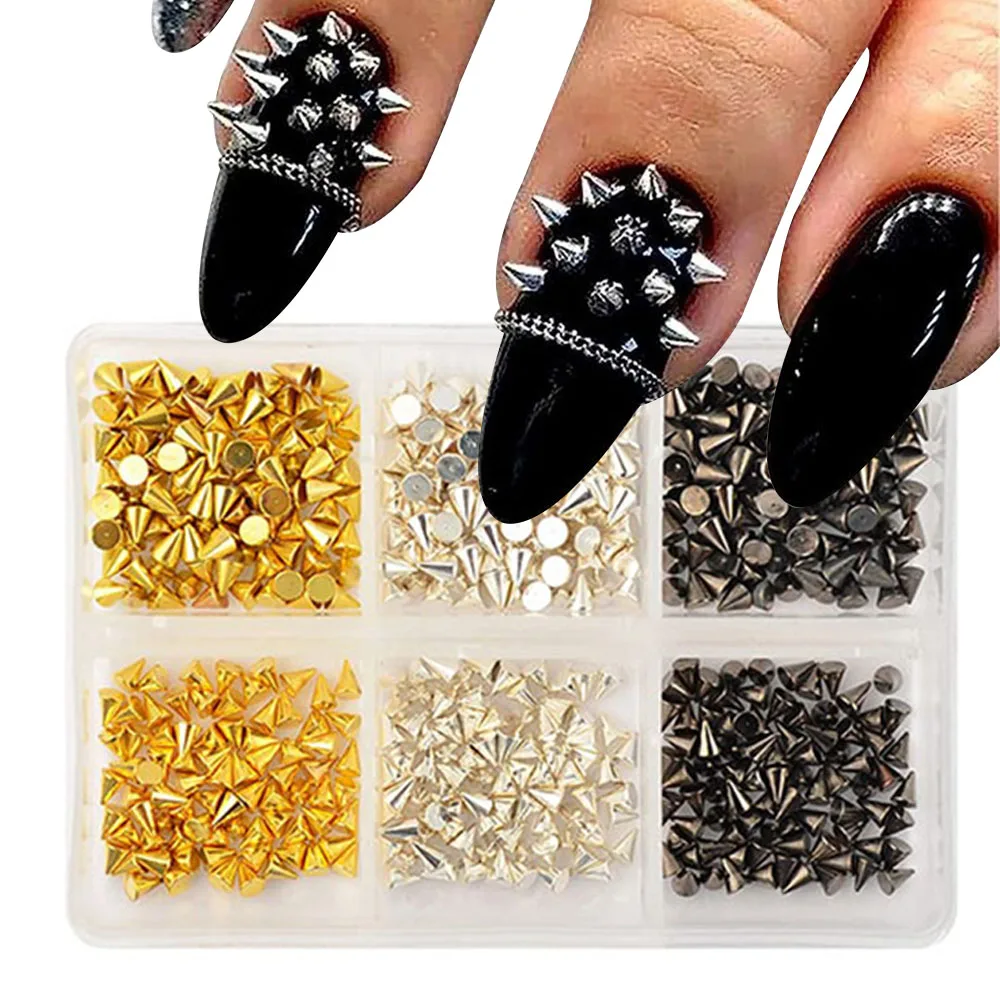 

300Pcs/Box Nail Art Punk Charms Cone Metalic Spike Studs Sliver Black Gold Nail Art Tiny Stick Alloy Rivet Studs Decoration DIY