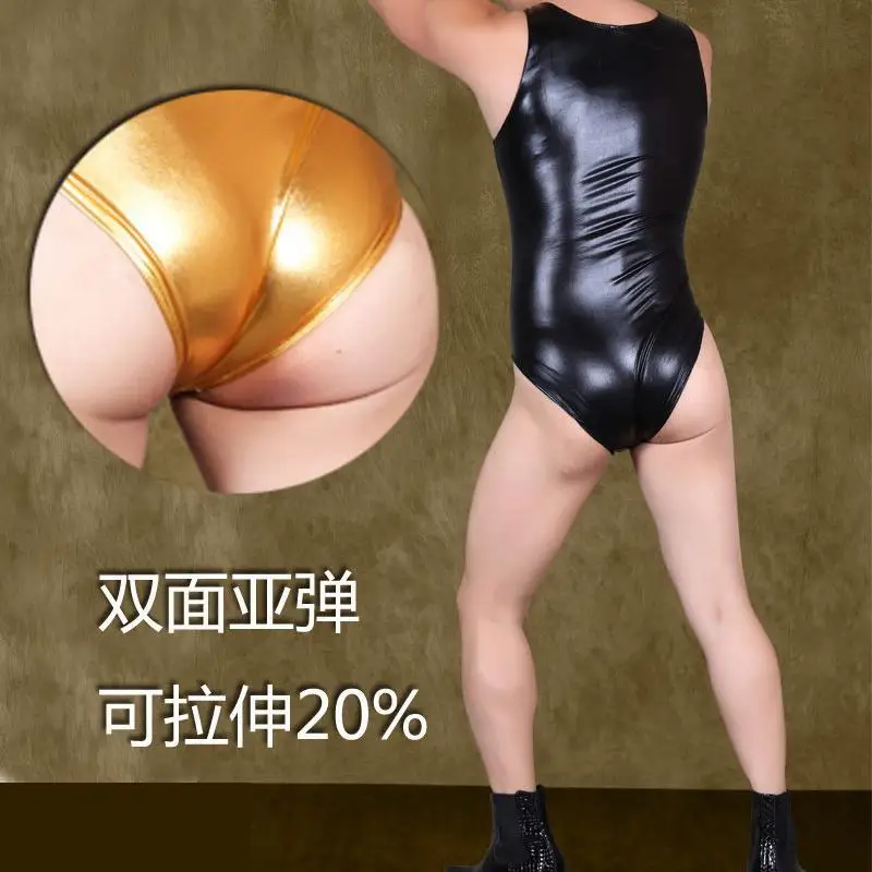 Summer Men's Sexy Bodysuit One-Piece Vest Club Slim-Fit Stage Undercoating Tank Top Punk Faux Leather New Casual Vest Jumpsuit