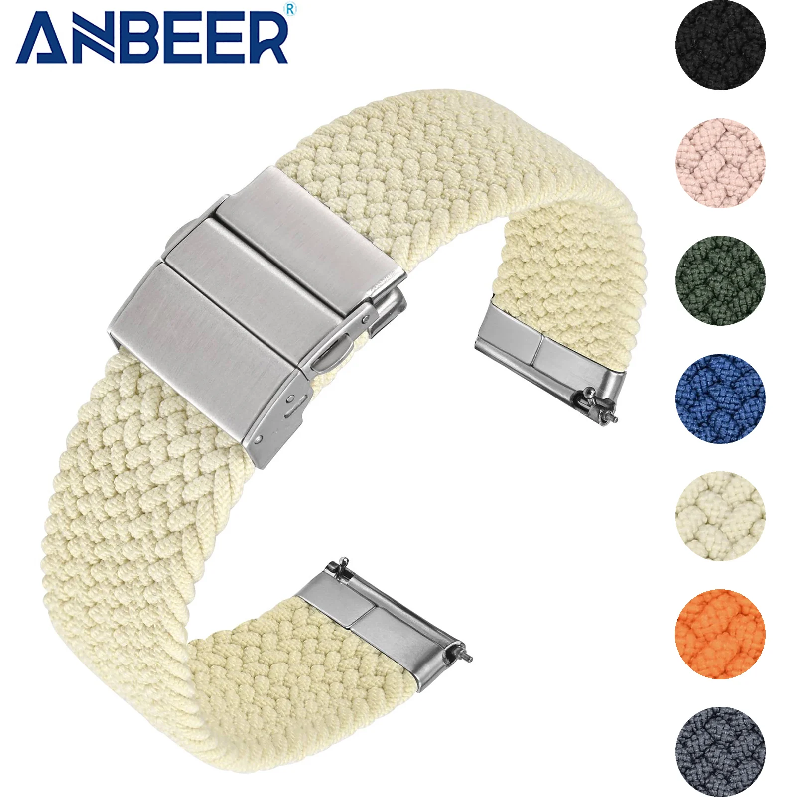 ANBEER Two-Stage Braided Nylon Strap 18mm 20mm 22mm, Quick-Release Watch Band Press Stainless Steel Buckle