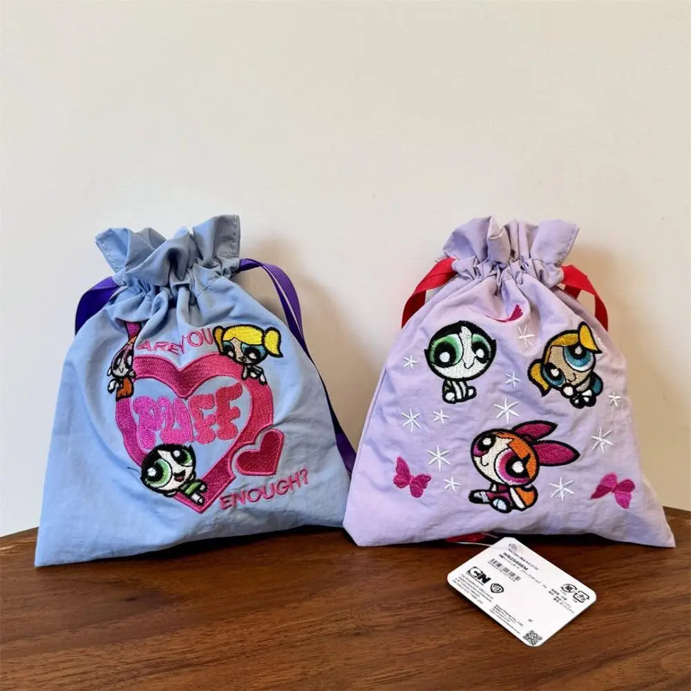 Cute Travel Storage Bag Anime The Powerpuff Girls Embroidered Bundled Bag Cartoon Drawstring Portable Makeup Bag