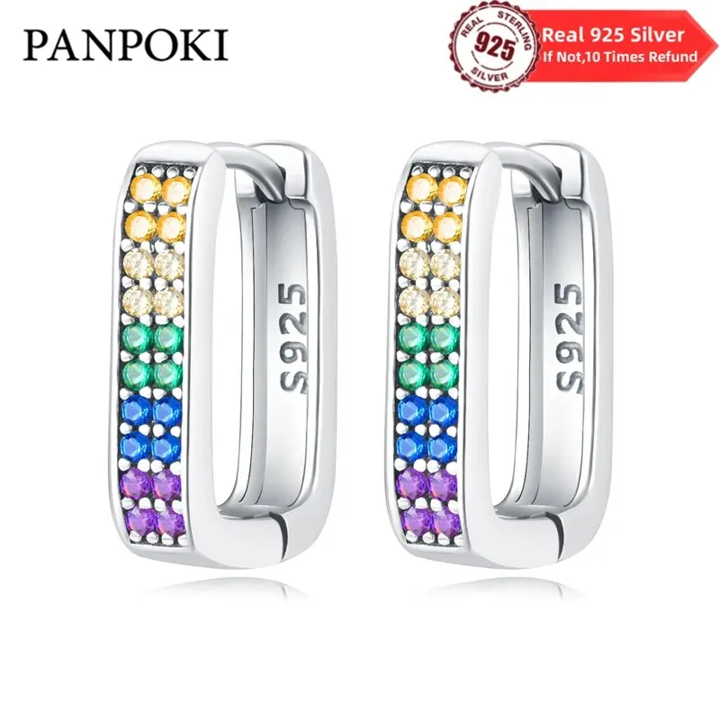 Women Silver Colorful U-shaped Earrings For Women Original 925 Sterling Silver Geometric Square Zircon Heart Wedding Jewelry