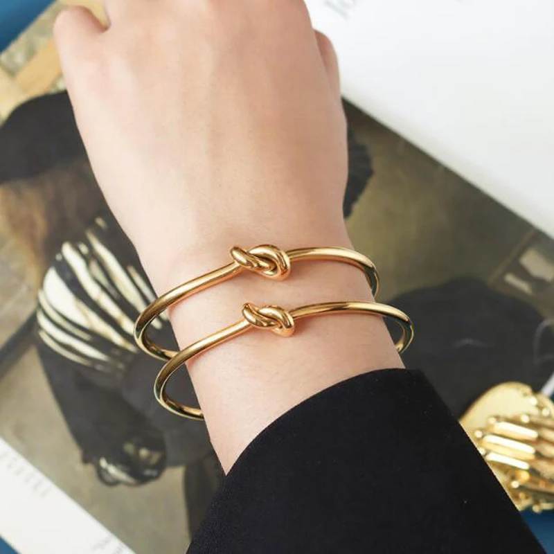 3.5mm Trendy Round Circular Open Knot Cuff Bangle Bracelets For Women Elegant Gold Color Jewelry Noeud Armband Pulseiras