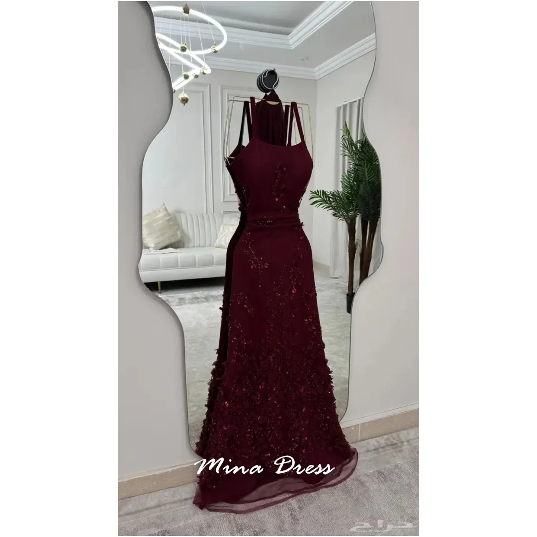 

Mina Customized Wine Red Luxurious Women's Evening Dresses Women Elegant Party Dresses Woman Sequins 3D Flowers Silk Scarf Dress