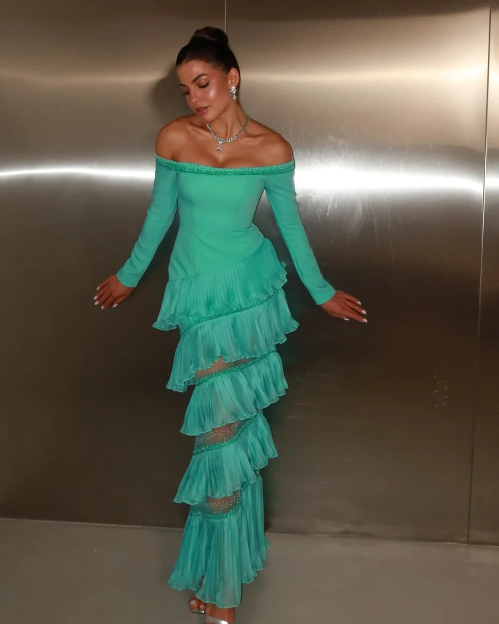 Customized Green Fashion Intricate Jersey Pleat Beading Sequined Tiered Draped Mermaid Off-the-shoulder  Ankle Length