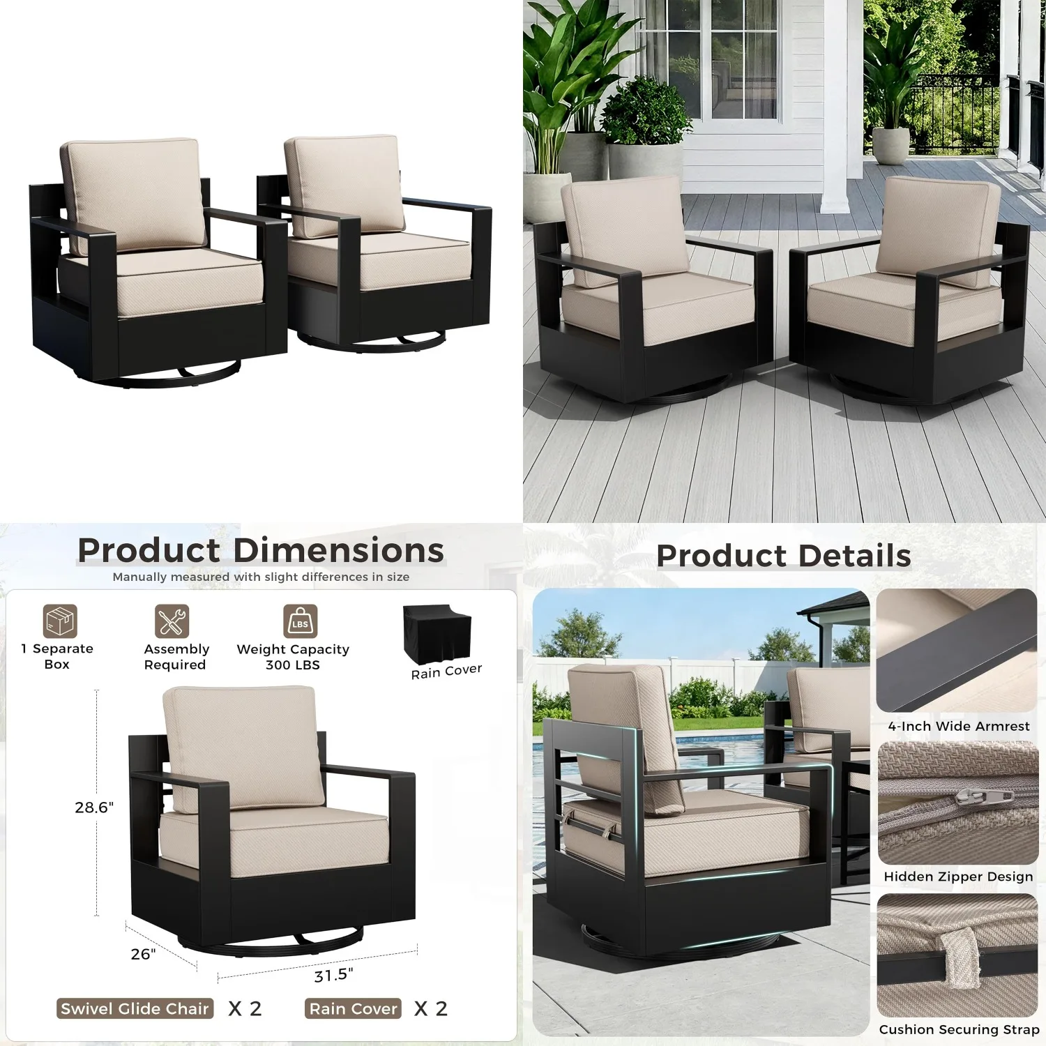 

Aluminum Swivel Rocker Patio Chairs Set 2 All-Weather Thick Cushions Deep Seat Garden Porch Outside Customized