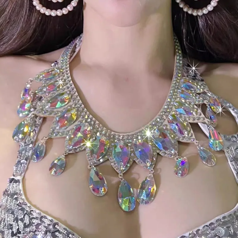 맞춤형 새로운 밸리 댄스 의상 공연 액세서리 수제 라인 석 목걸이 오리엔탈 댄스 세트 저렴한 옷