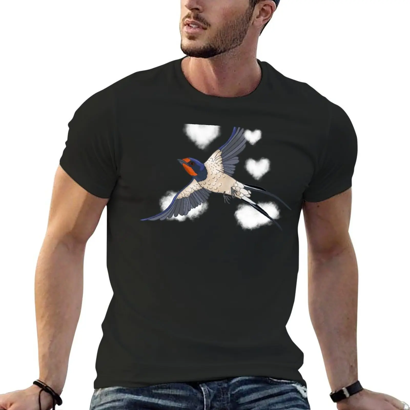 

Swallows in flight, clouds, sky, hearts, birds, swallow pattern. T-Shirt oversized t shirt shirts graphic Men's clothing