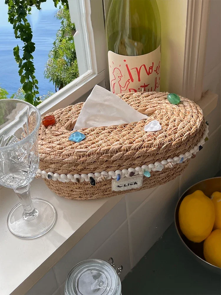 Handmade Seagrass Tissue Box Cover Natural Woven Trinket Tray with Shells Sea Stones Decor Boho Beach Desk Organizer Art