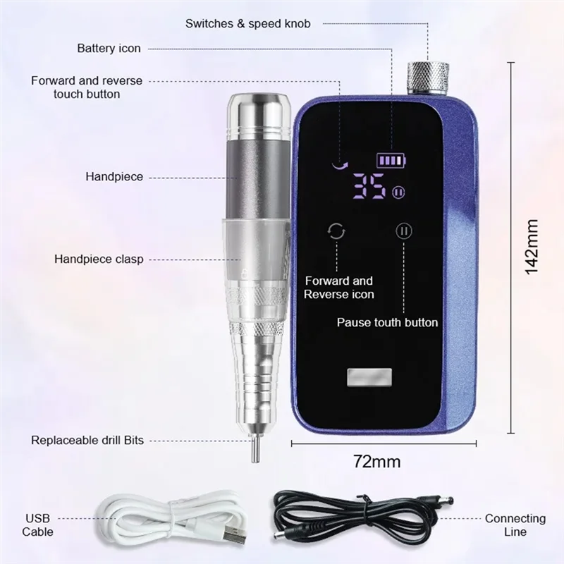 Máquina elétrica de broca de unhas profissional brocas de unhas para unhas de gel polonês recarregável portátil arquivo de unhas ferramenta de manicure