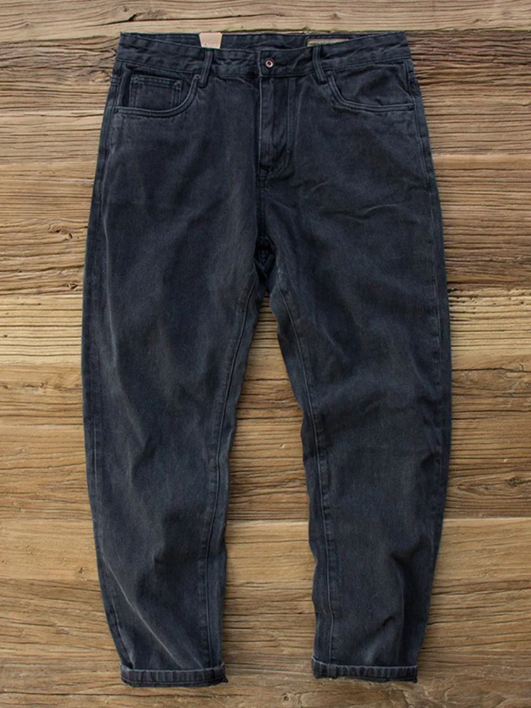 

Black Cotton Straight Leg Jeans Men's Loose Fit Thickened Autumn Winter Style Classic Pure Color Casual Trousers for Youth