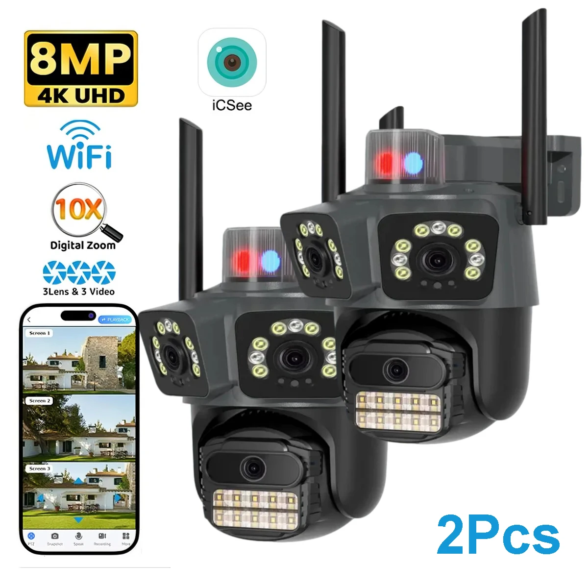 4K 8MP WiFi IP 카메라 iCsee 10X 줌 3개의 렌즈 야외 PTZ 보안 카메라 AI 인간 감지 보안 보호 감시