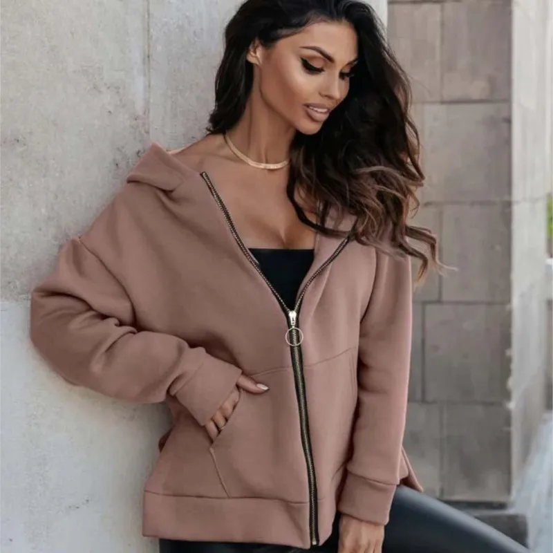 

Сплошной цвет, повседневный флисовый свитер, осень-зима, новый женский кардиган на молнии с капюшоном, свободный крой с карманом, толстовка Ropa Mujer