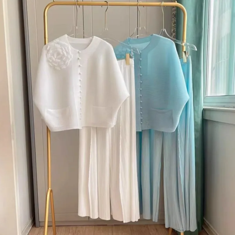 

Комплект из 2 предметов: плиссированная куртка Miyake 2026, новый кардиган с длинным рукавом, простые свободные брюки с широкими штанинами, женский костюм для работы и путешествий