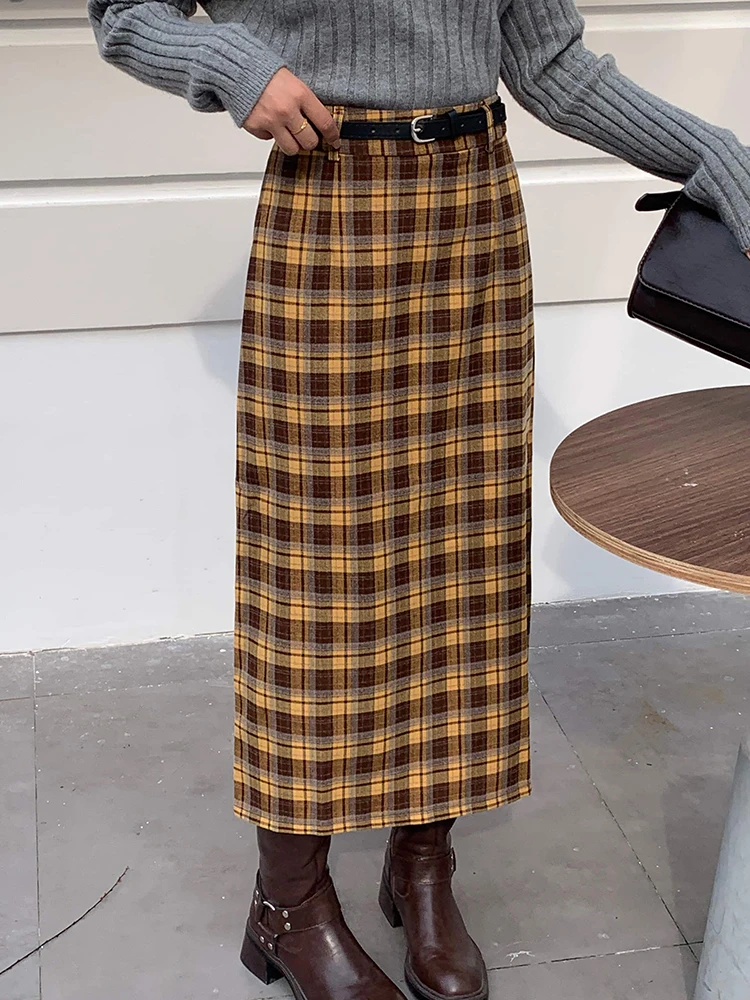 with Belt Plaid Midi Skirts Women High Waist Straight Back Split Skirts Fashion Slim Casual Vintage Checked Skirt Female 2024