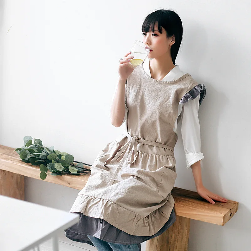 

Retro two tone ruffled countryside cotton and linen apron for women cute gardening work clothes H2